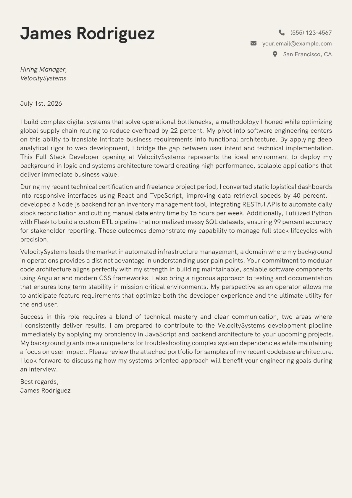 Full Stack Developer cover letter in the Creative design