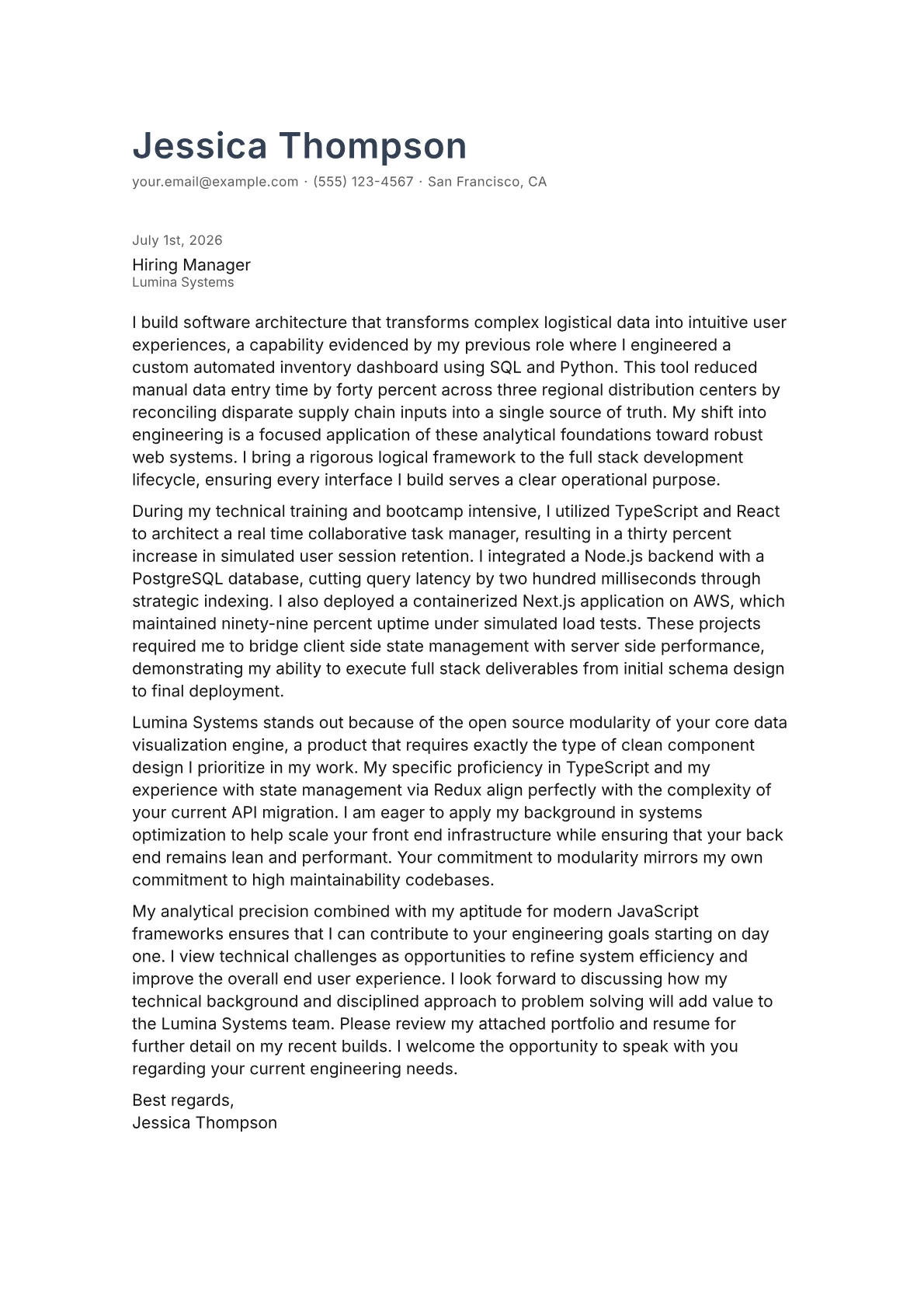 Full Stack Engineer cover letter in the Minimal design