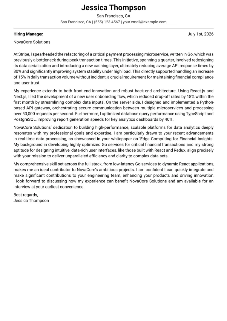 Full Stack Engineer cover letter example preview