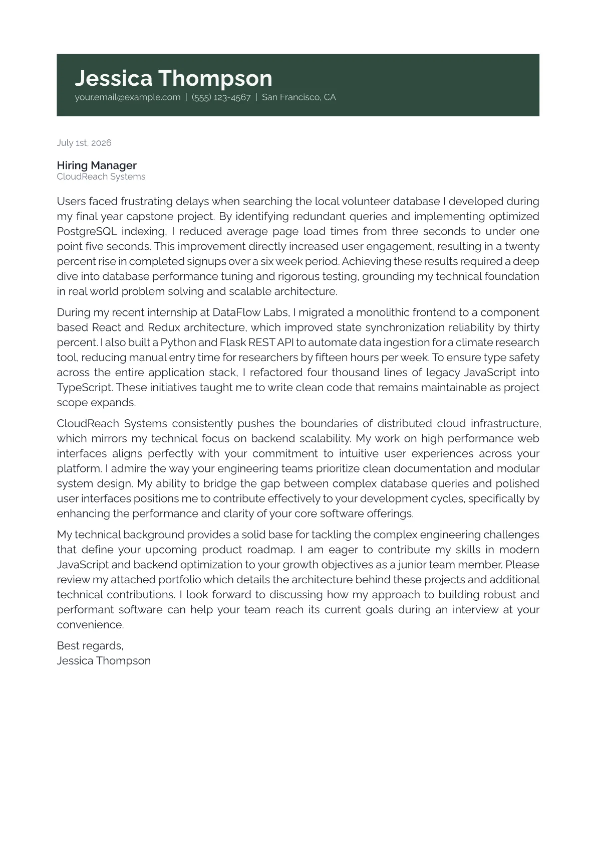 Full Stack Engineer cover letter in the Banner design