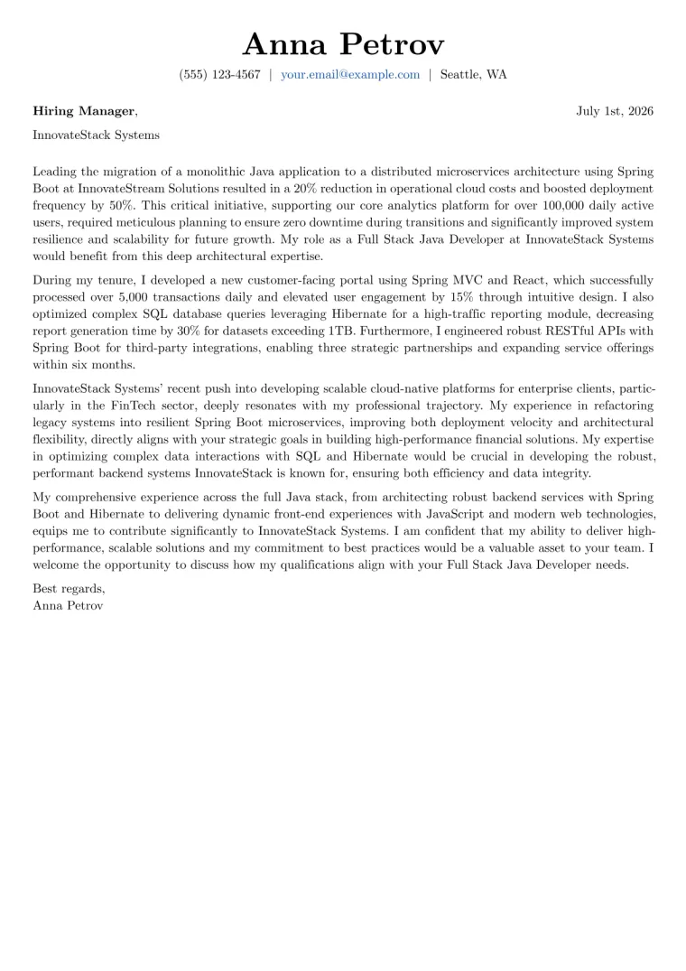 Full Stack Java Developer cover letter example preview