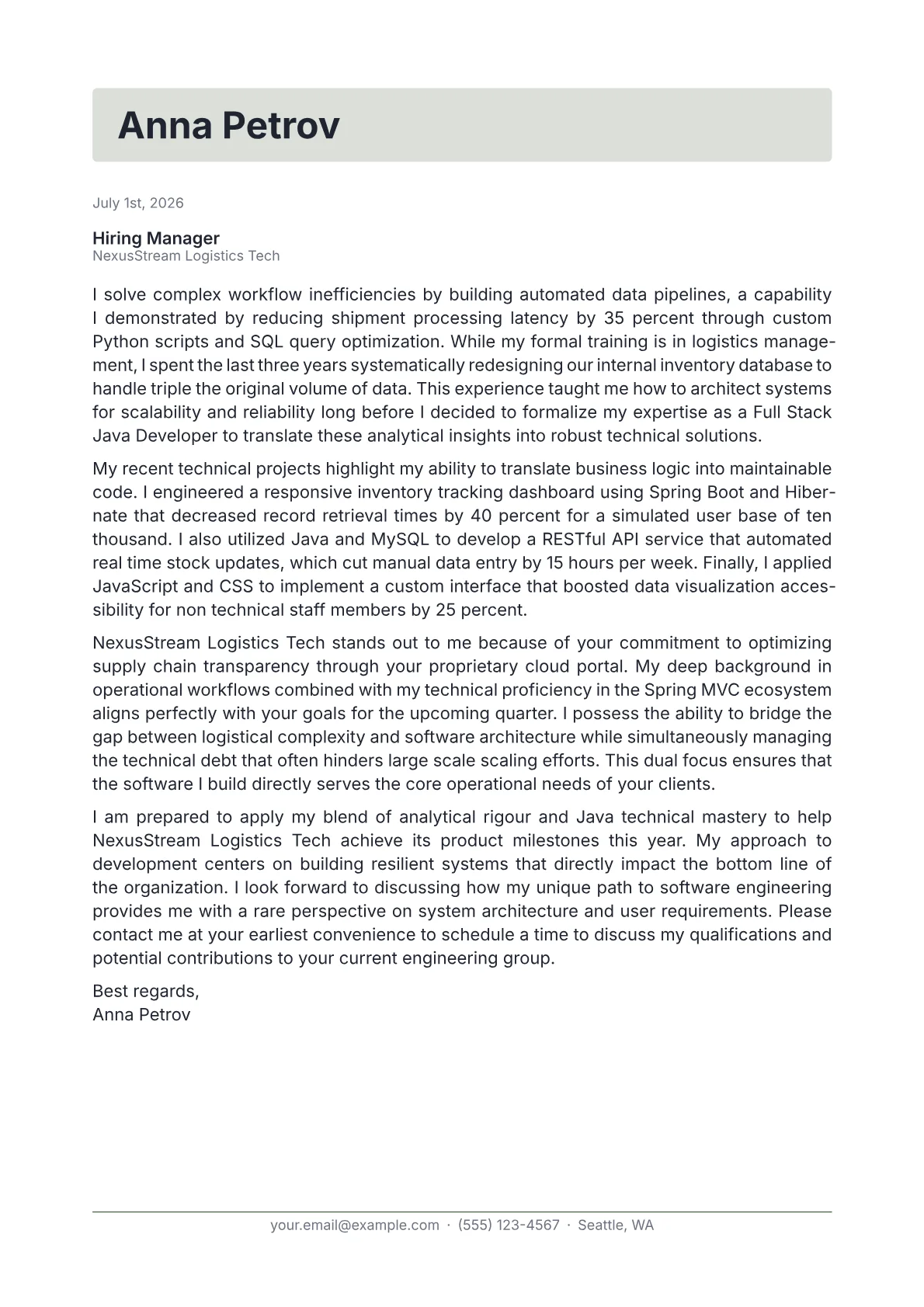 Full Stack Java Developer cover letter in the Letterhead design