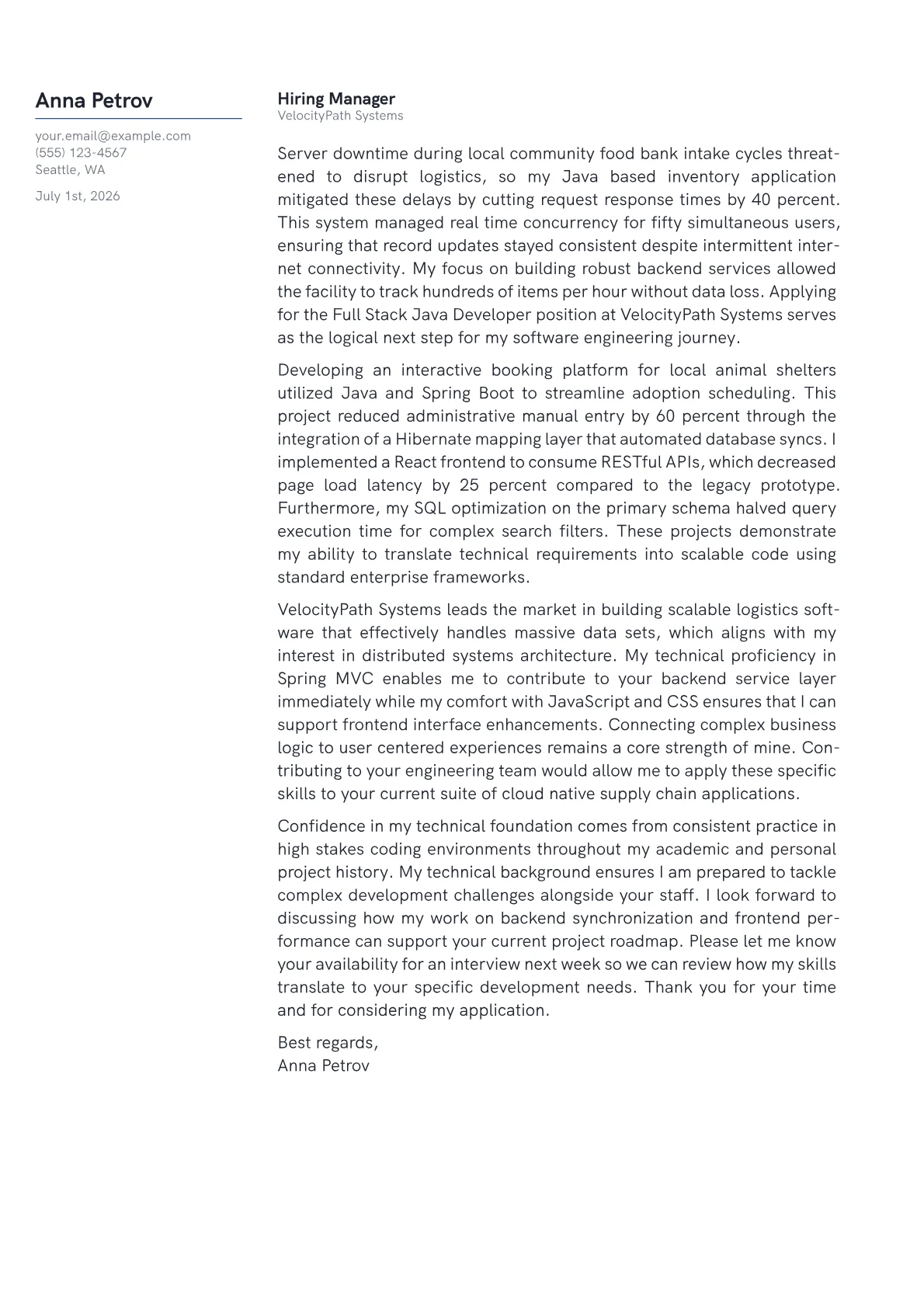 Full Stack Java Developer cover letter in the Margin design