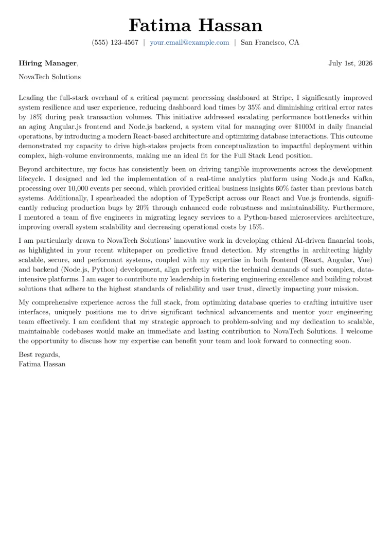 Full Stack Lead cover letter example preview