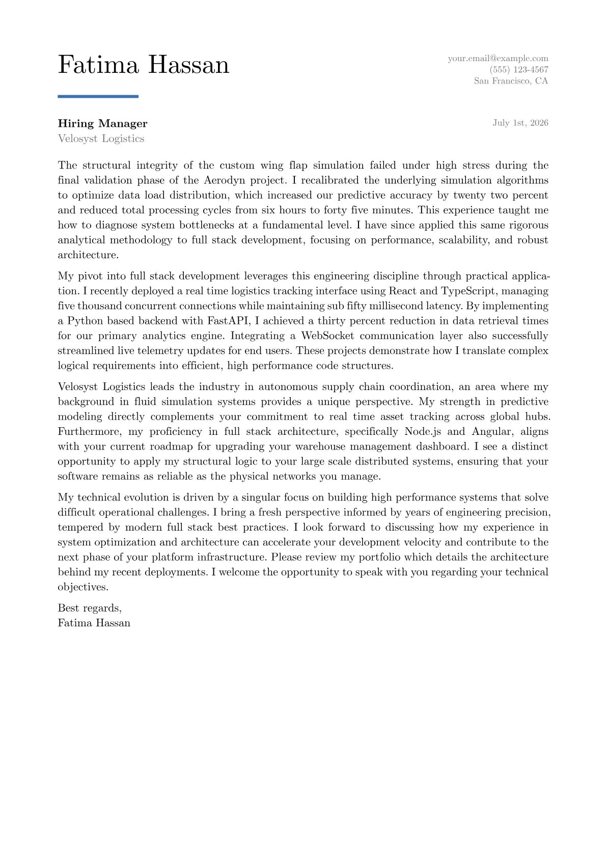 Full Stack Lead cover letter in the Executive design
