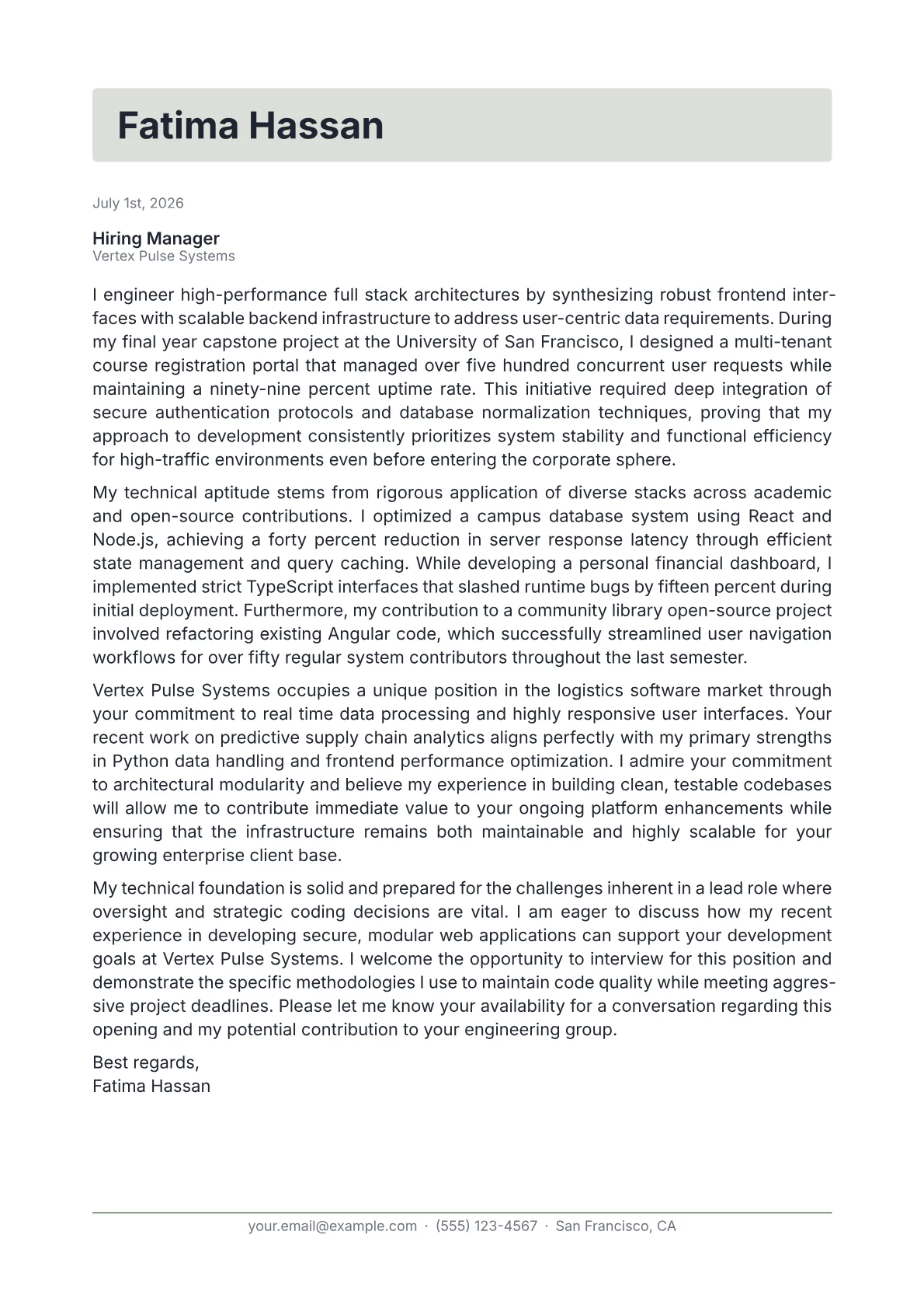 Full Stack Lead cover letter in the Letterhead design