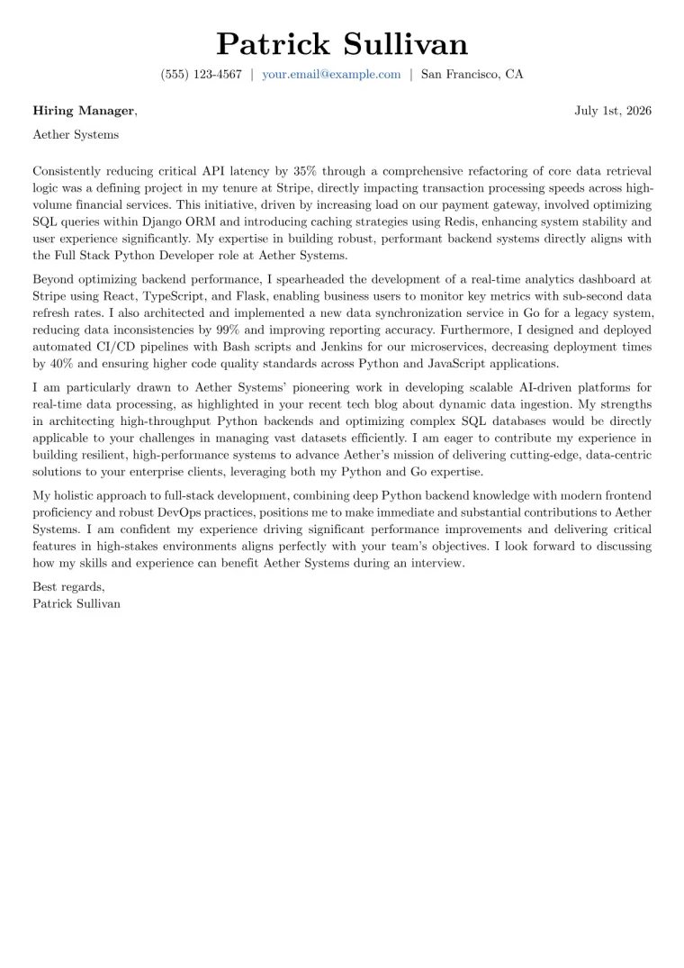 Full Stack Python Developer cover letter example preview