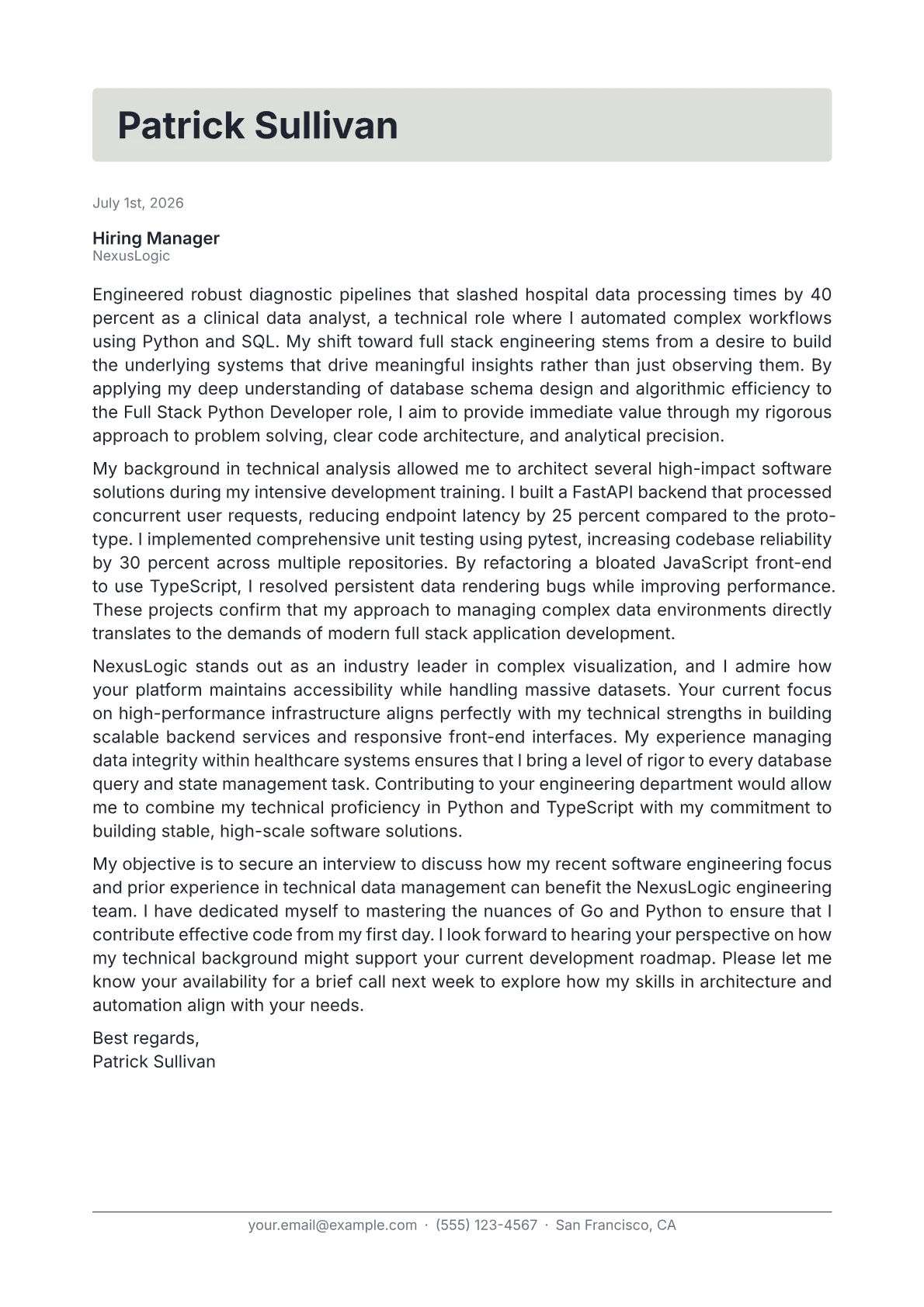 Full Stack Python Developer cover letter in the Letterhead design