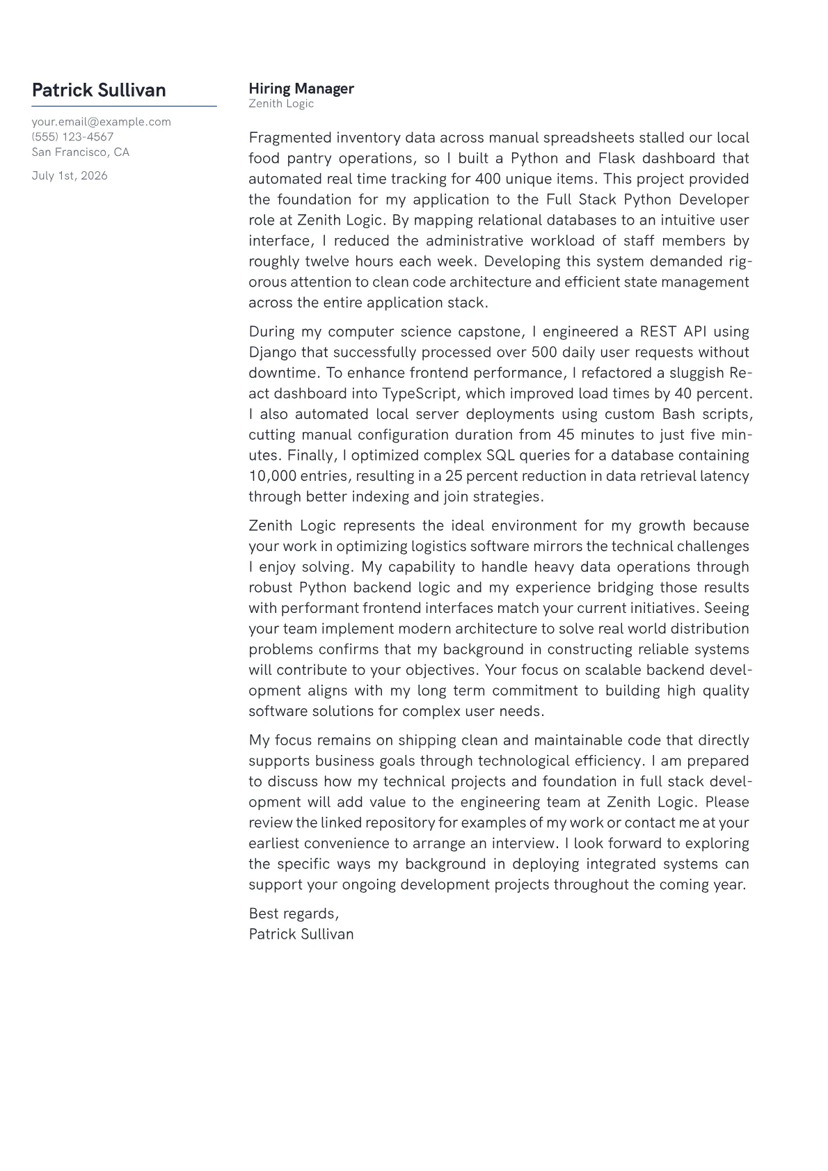 Full Stack Python Developer cover letter in the Margin design