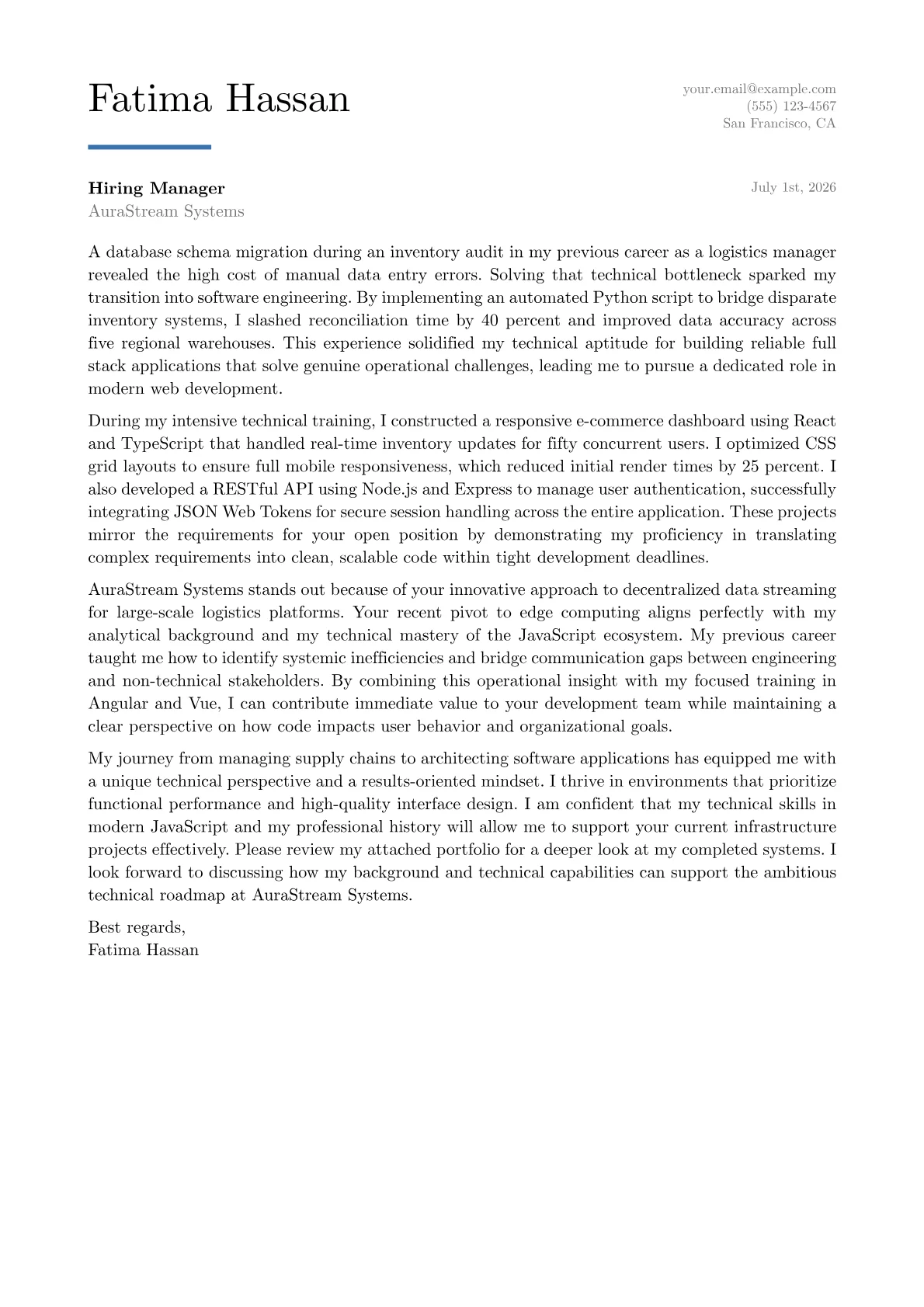 Full Stack Software Developer cover letter in the Executive design