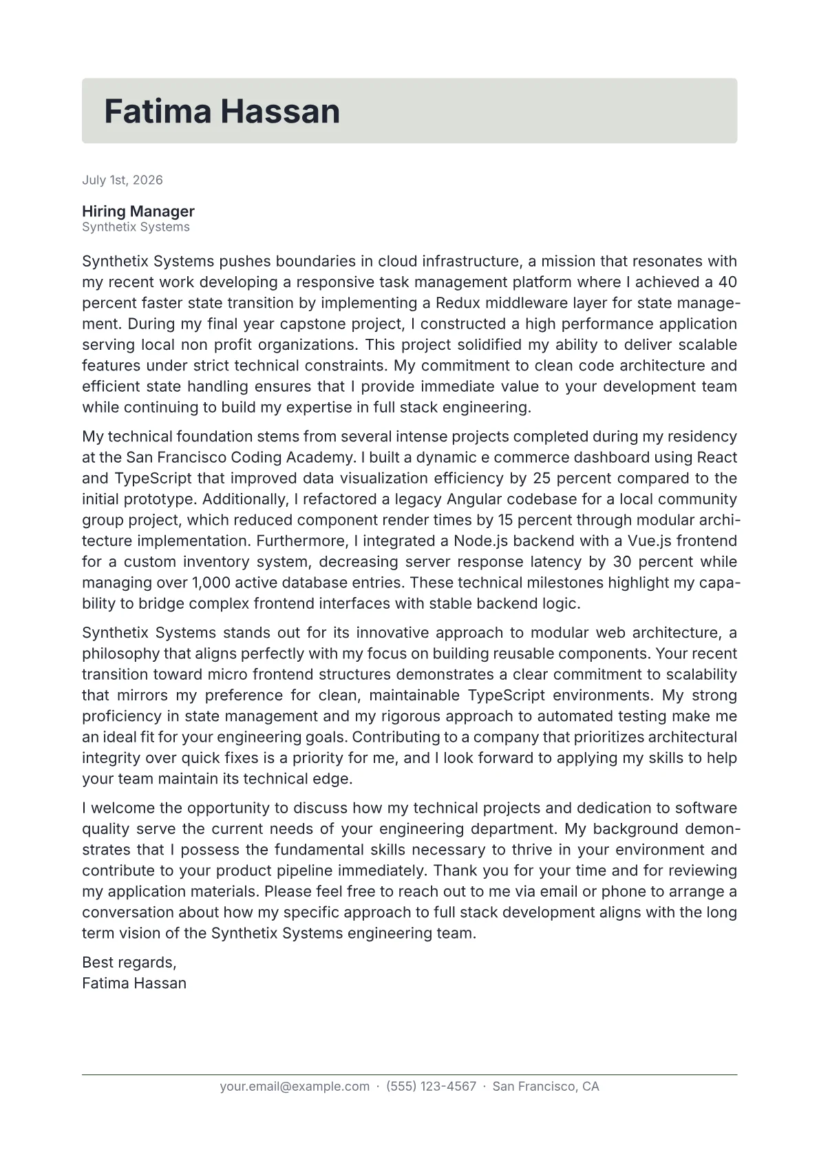 Full Stack Software Developer cover letter in the Letterhead design