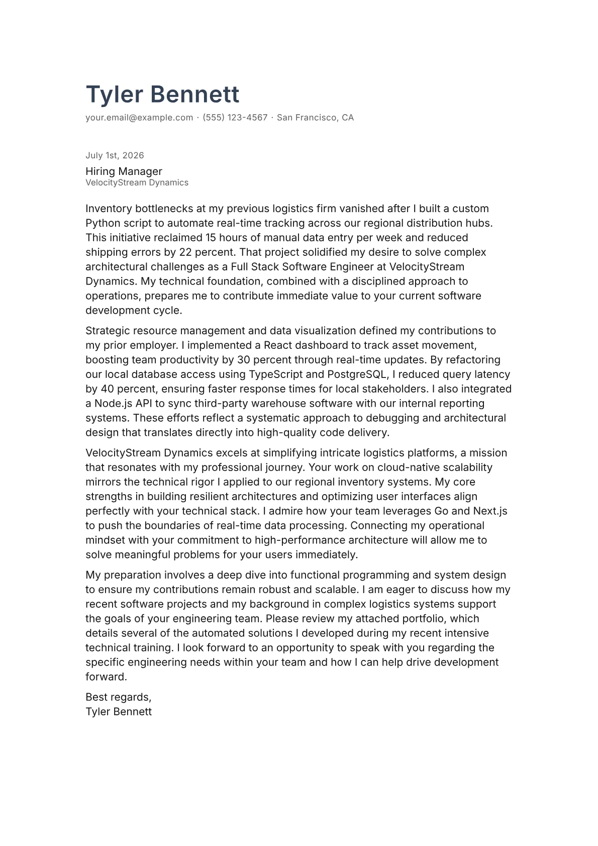 Full Stack Software Engineer cover letter in the Minimal design