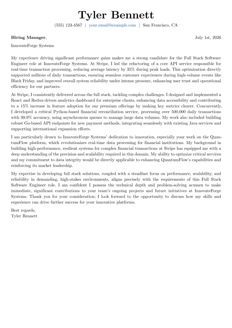 Full Stack Software Engineer cover letter example preview