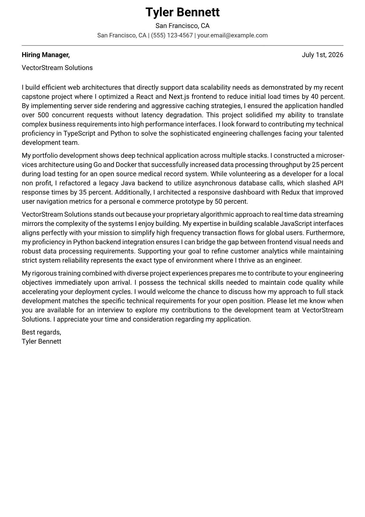 Full Stack Software Engineer cover letter in the Modern design