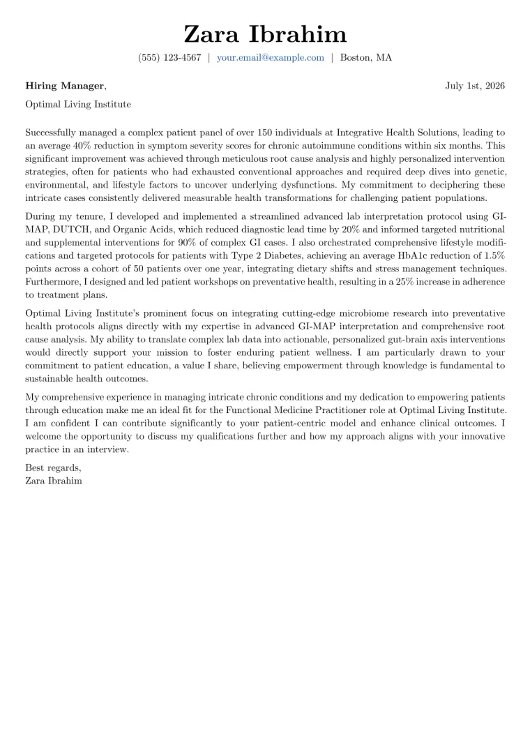 Functional Medicine Practitioner cover letter example preview