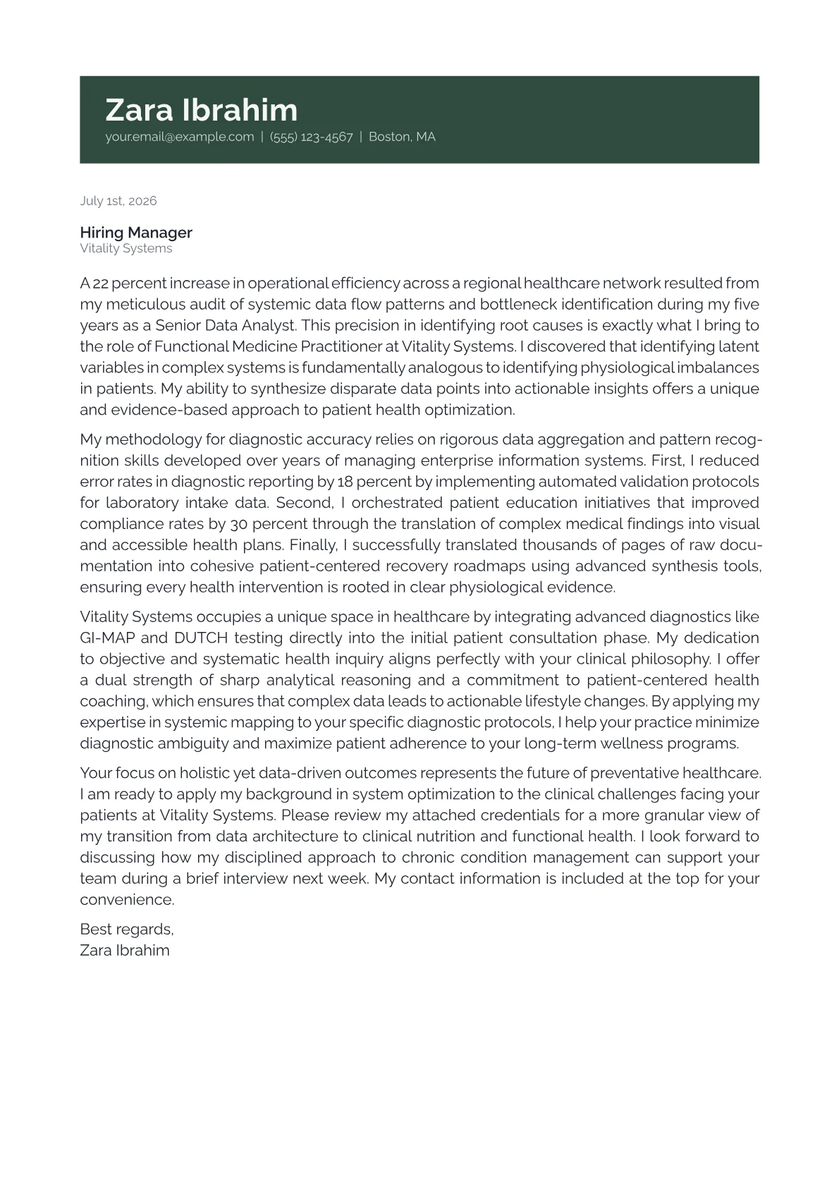 Functional Medicine Practitioner cover letter in the Banner design