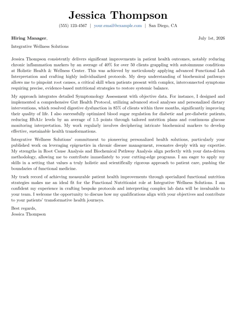 Functional Nutritionist cover letter example preview