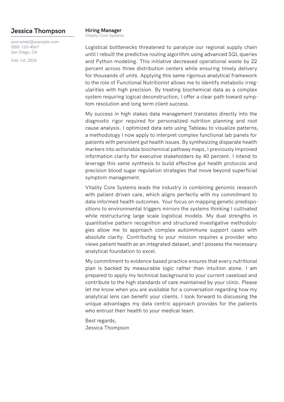 Functional Nutritionist cover letter in the Margin design