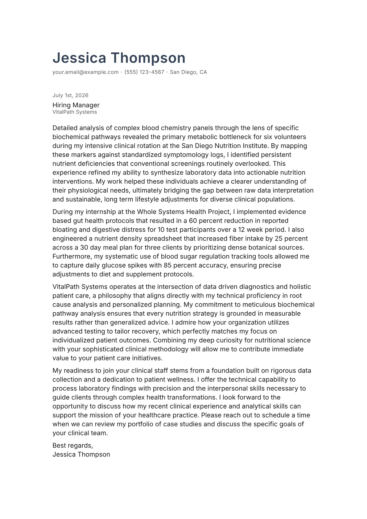 Functional Nutritionist cover letter in the Minimal design