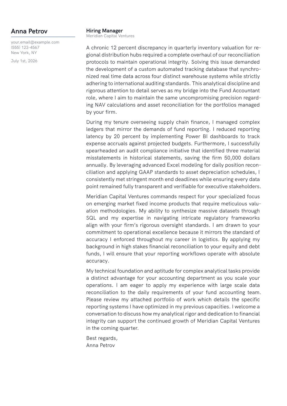 Fund Accountant cover letter in the Margin design