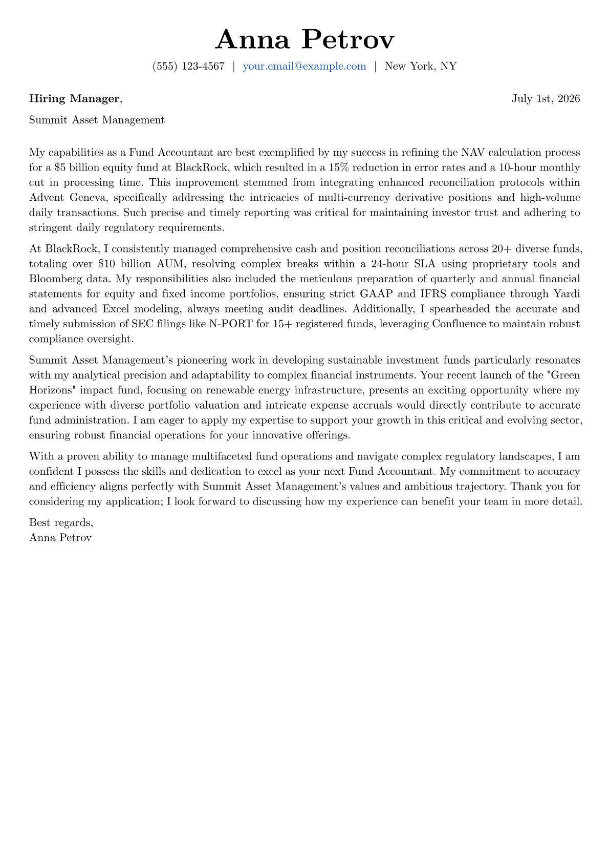 Fund Accountant cover letter formatted with a JobSprout template