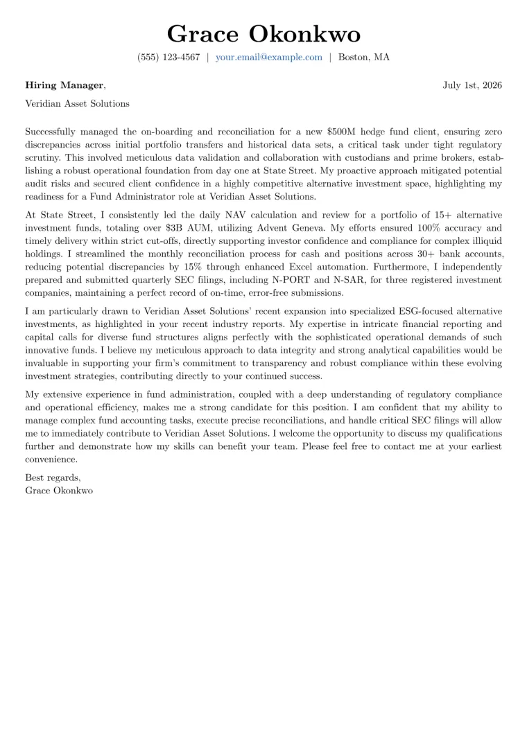 Fund Administrator cover letter example preview