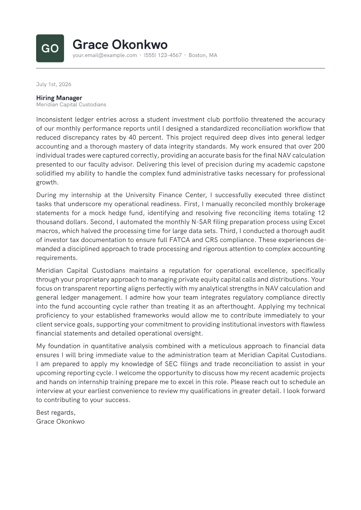 Fund Administrator cover letter in the Emblem design