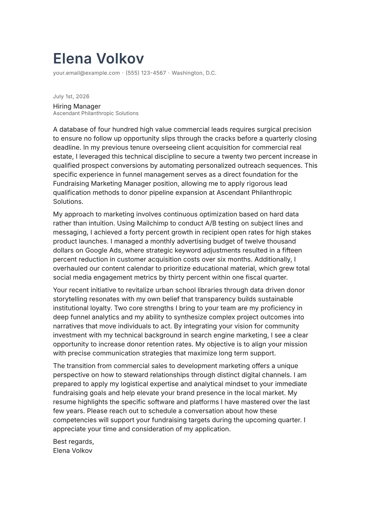Fundraising Marketing Manager cover letter in the Minimal design