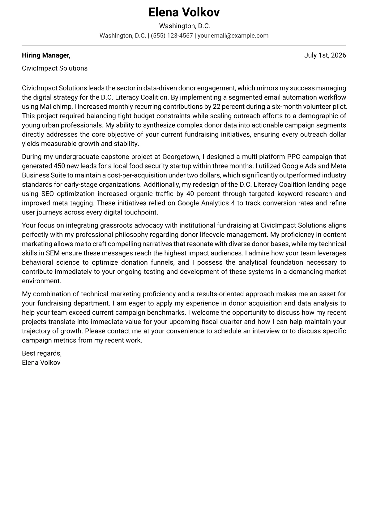 Fundraising Marketing Manager cover letter in the Modern design
