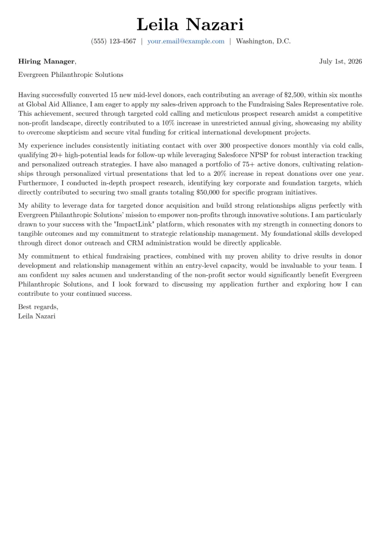 Fundraising Sales Representative cover letter example