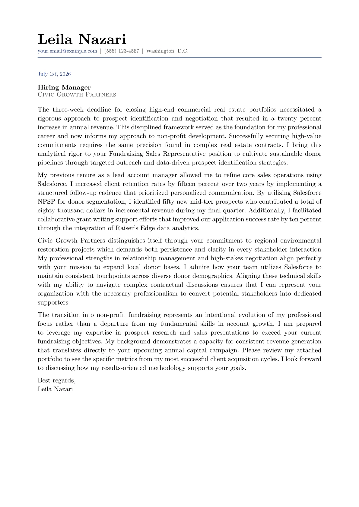 Fundraising Sales Representative cover letter in the Classic design