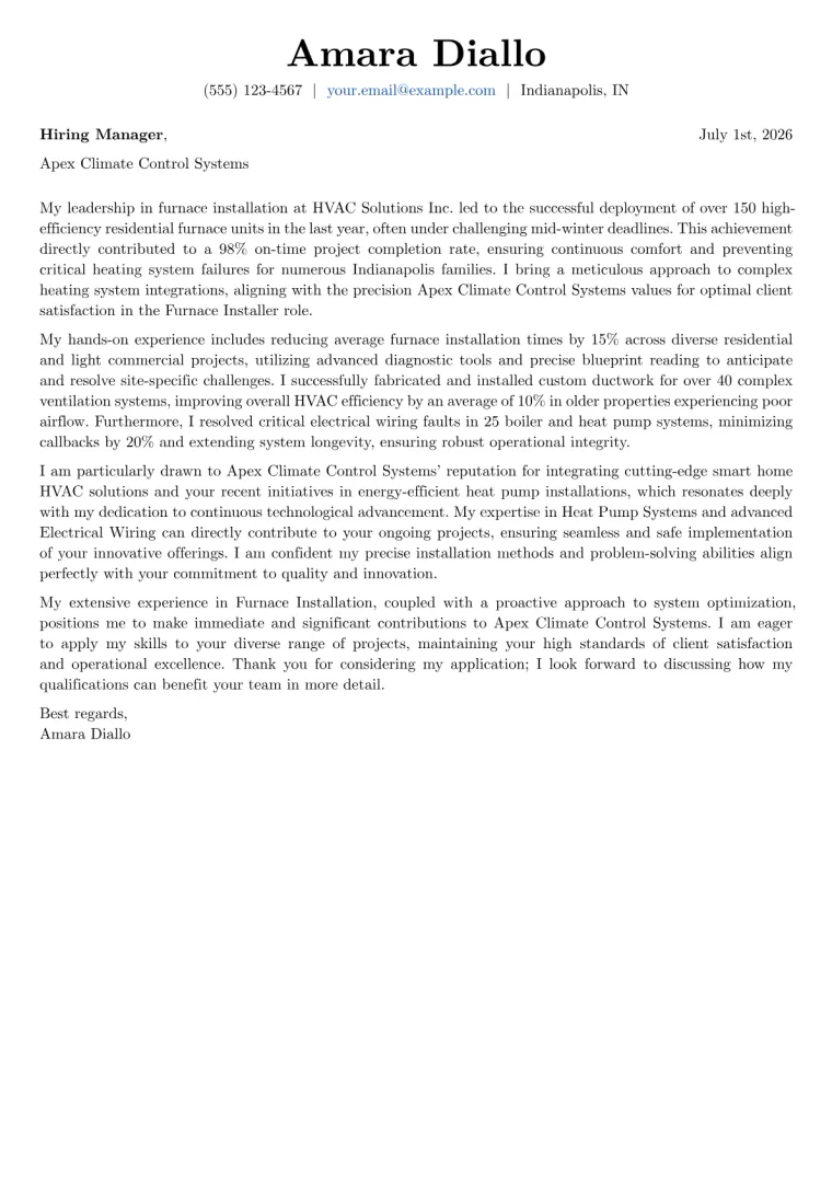 Furnace Installer cover letter example preview