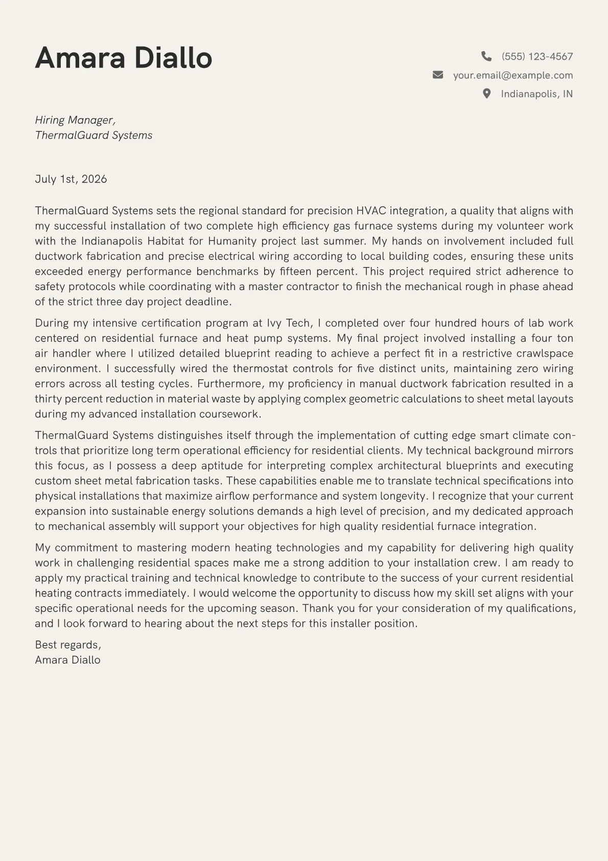 Furnace Installer cover letter in the Creative design
