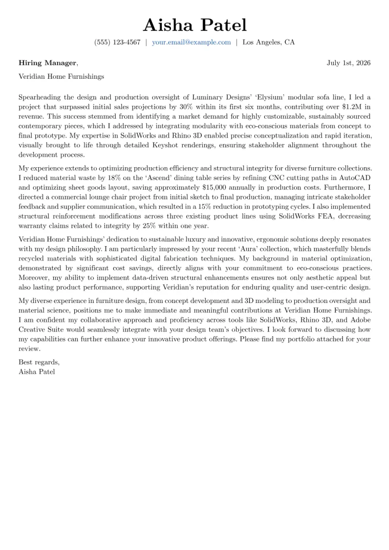 Furniture Designer cover letter example preview