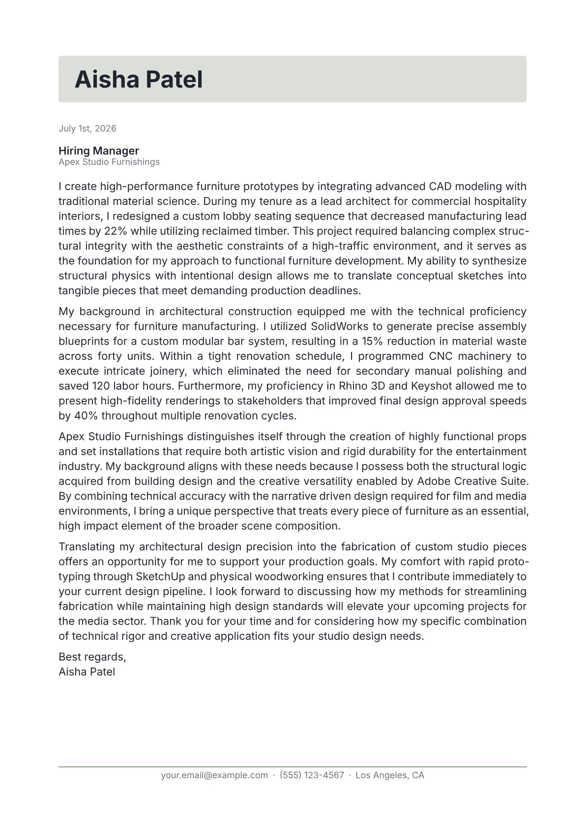 Furniture Designer cover letter in the Letterhead design