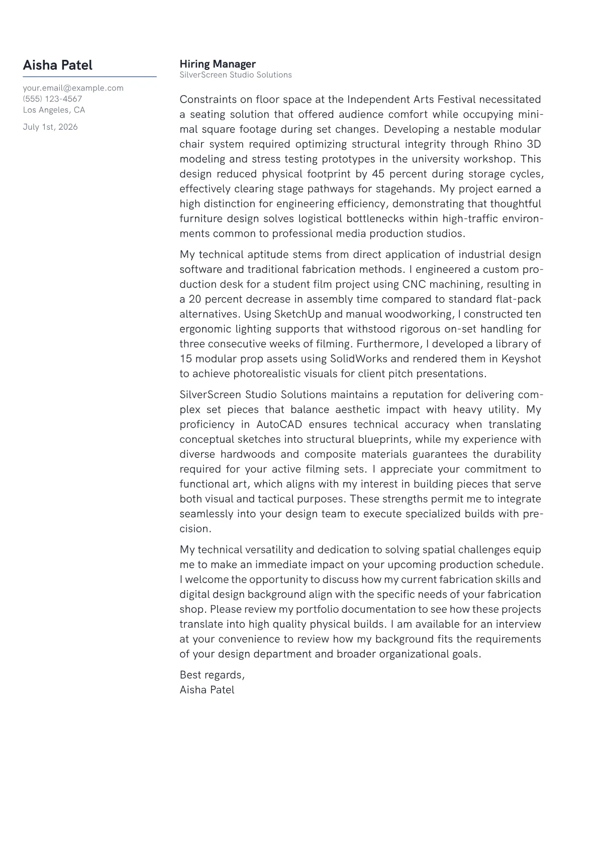 Furniture Designer cover letter in the Margin design