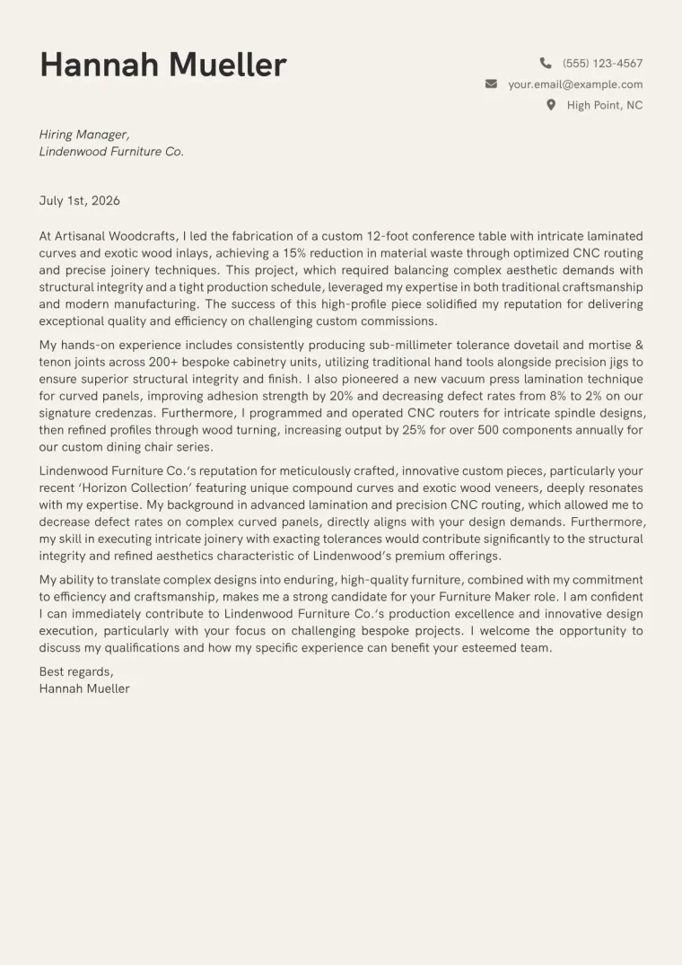 Furniture Maker cover letter example preview