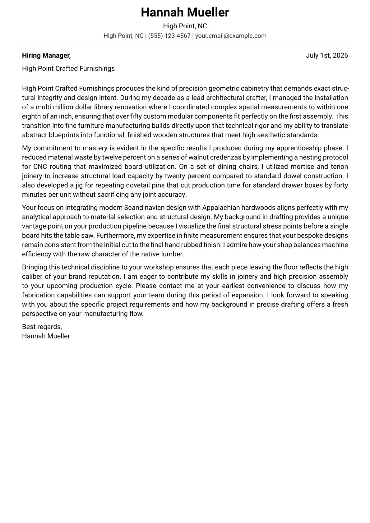 Furniture Maker cover letter in the Modern design