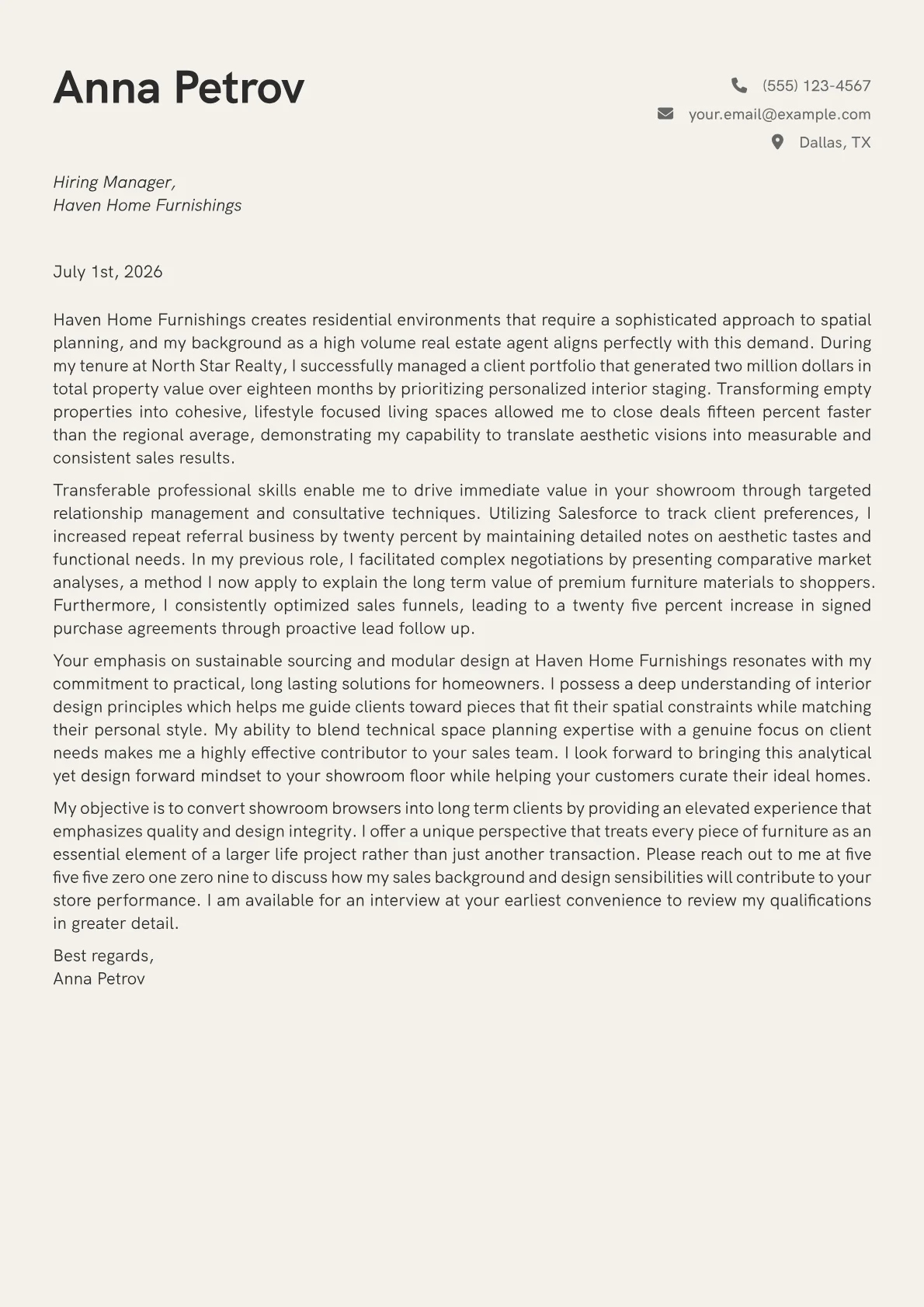 Furniture Sales Associate cover letter in the Creative design