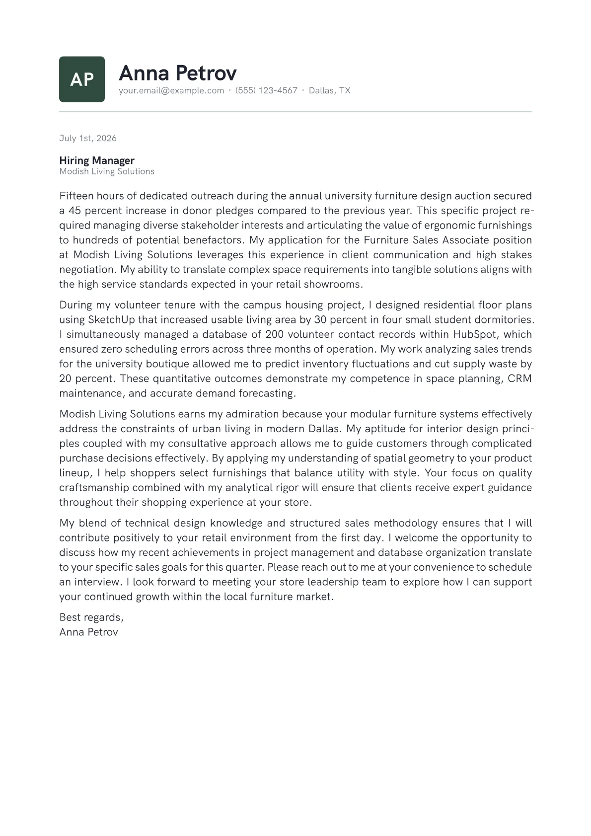 Furniture Sales Associate cover letter in the Emblem design