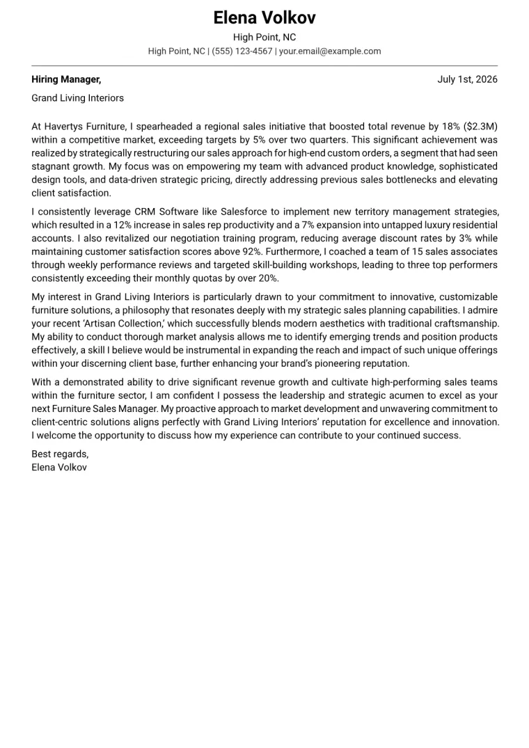 Furniture Sales Manager Cover Letter Example