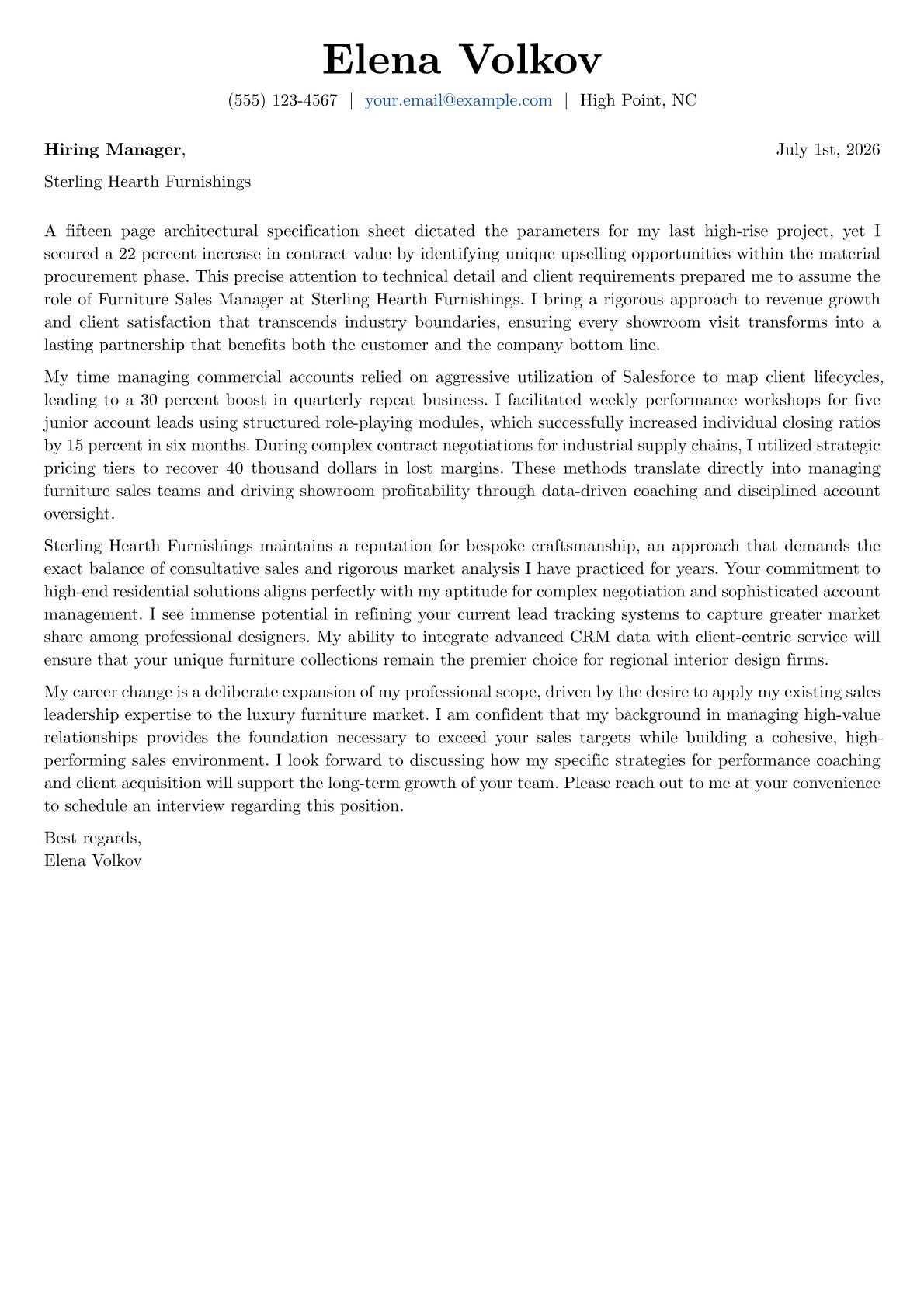 Furniture Sales Manager cover letter in the Basic design
