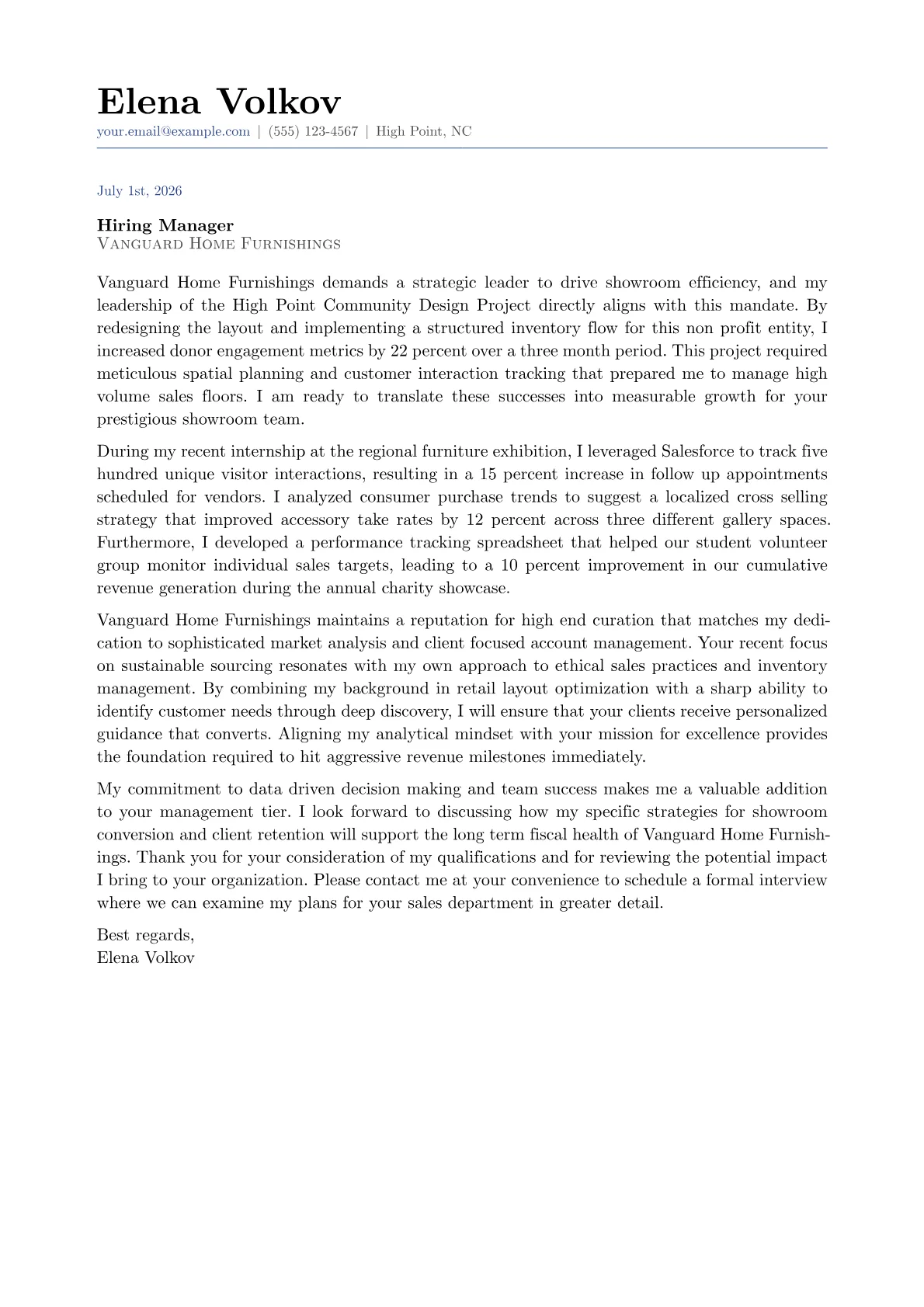 Furniture Sales Manager cover letter in the Classic design