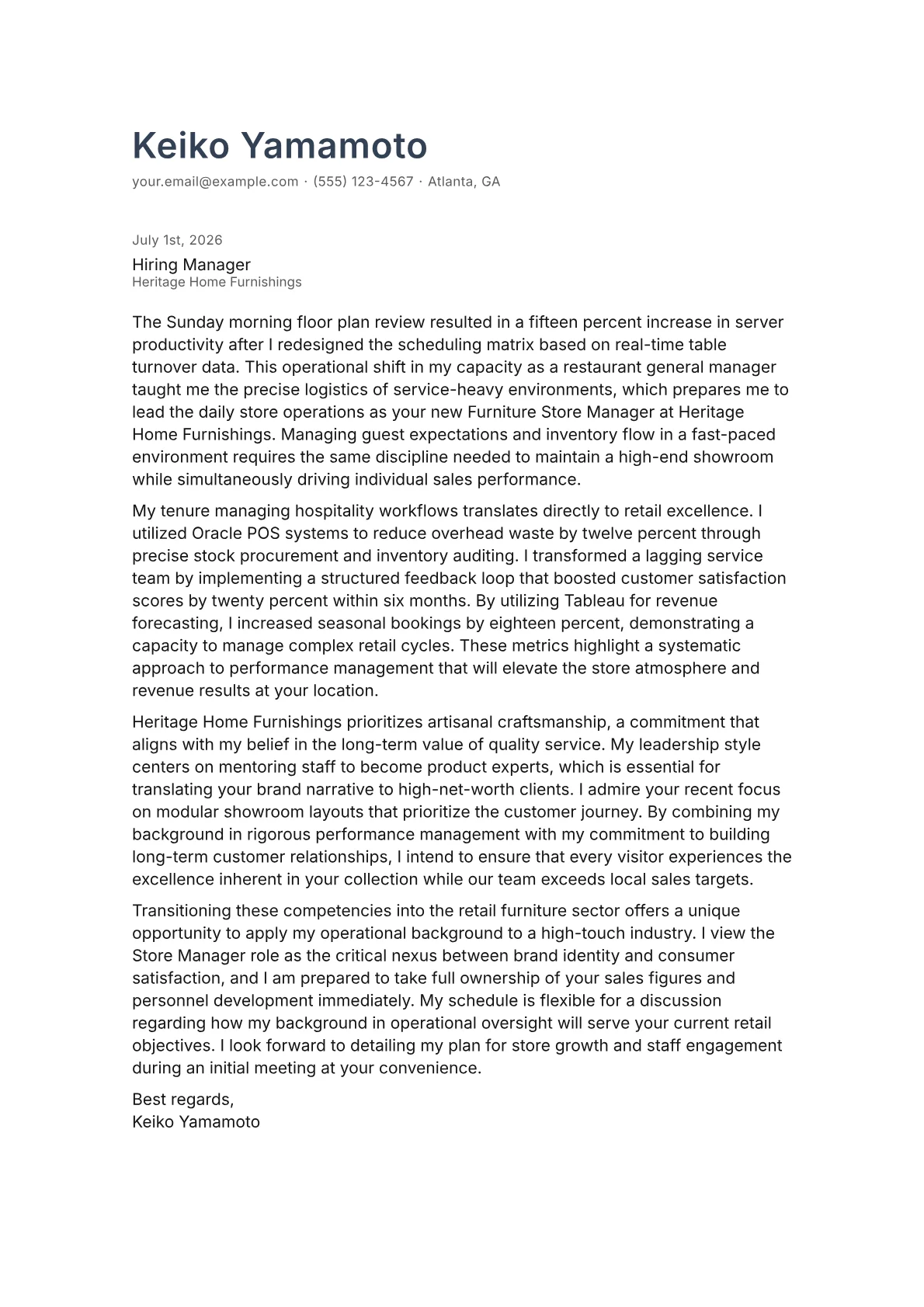 Furniture Store Manager cover letter in the Minimal design