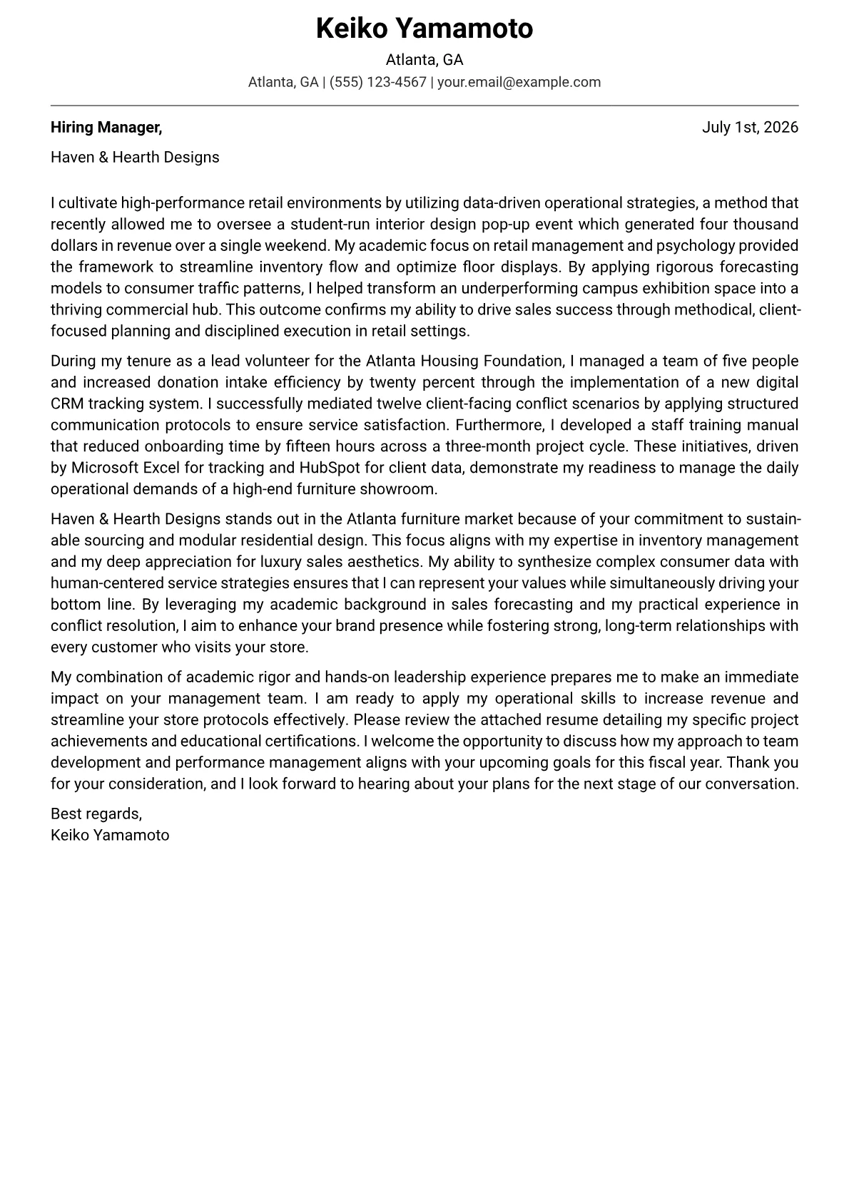 Furniture Store Manager cover letter in the Modern design