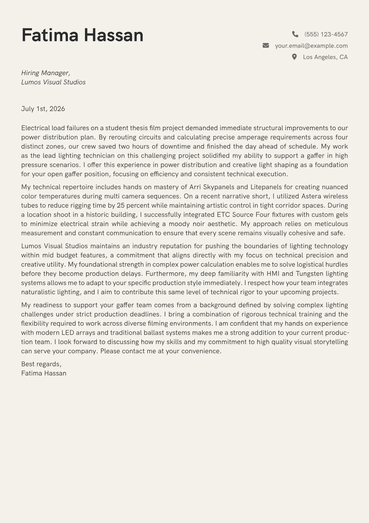 Gaffer cover letter in the Creative design