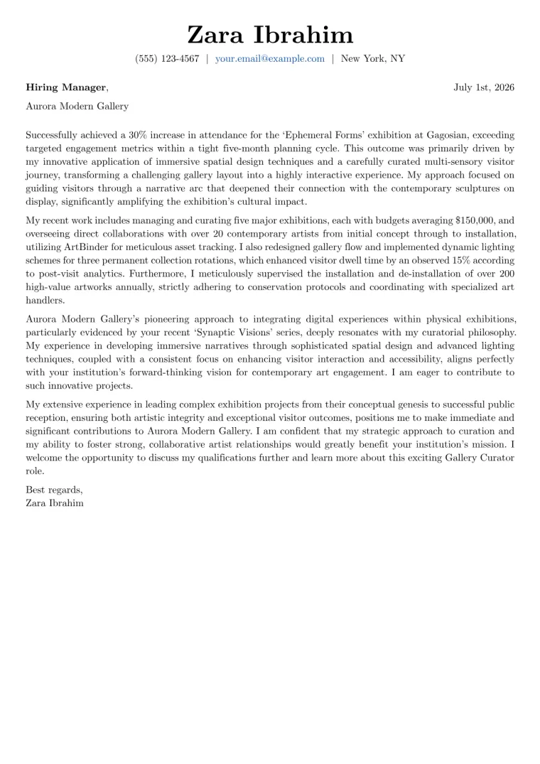 Gallery Curator cover letter example preview