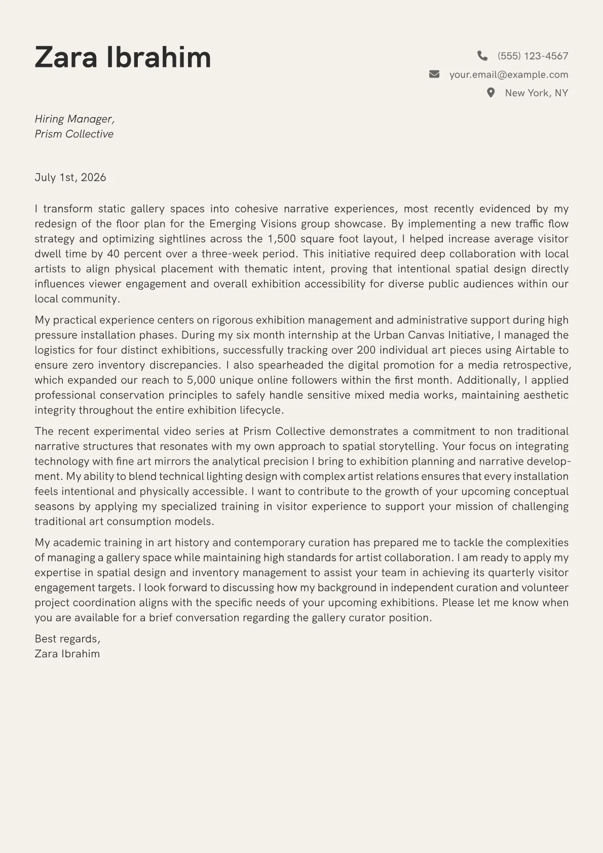 Gallery Curator cover letter in the Creative design