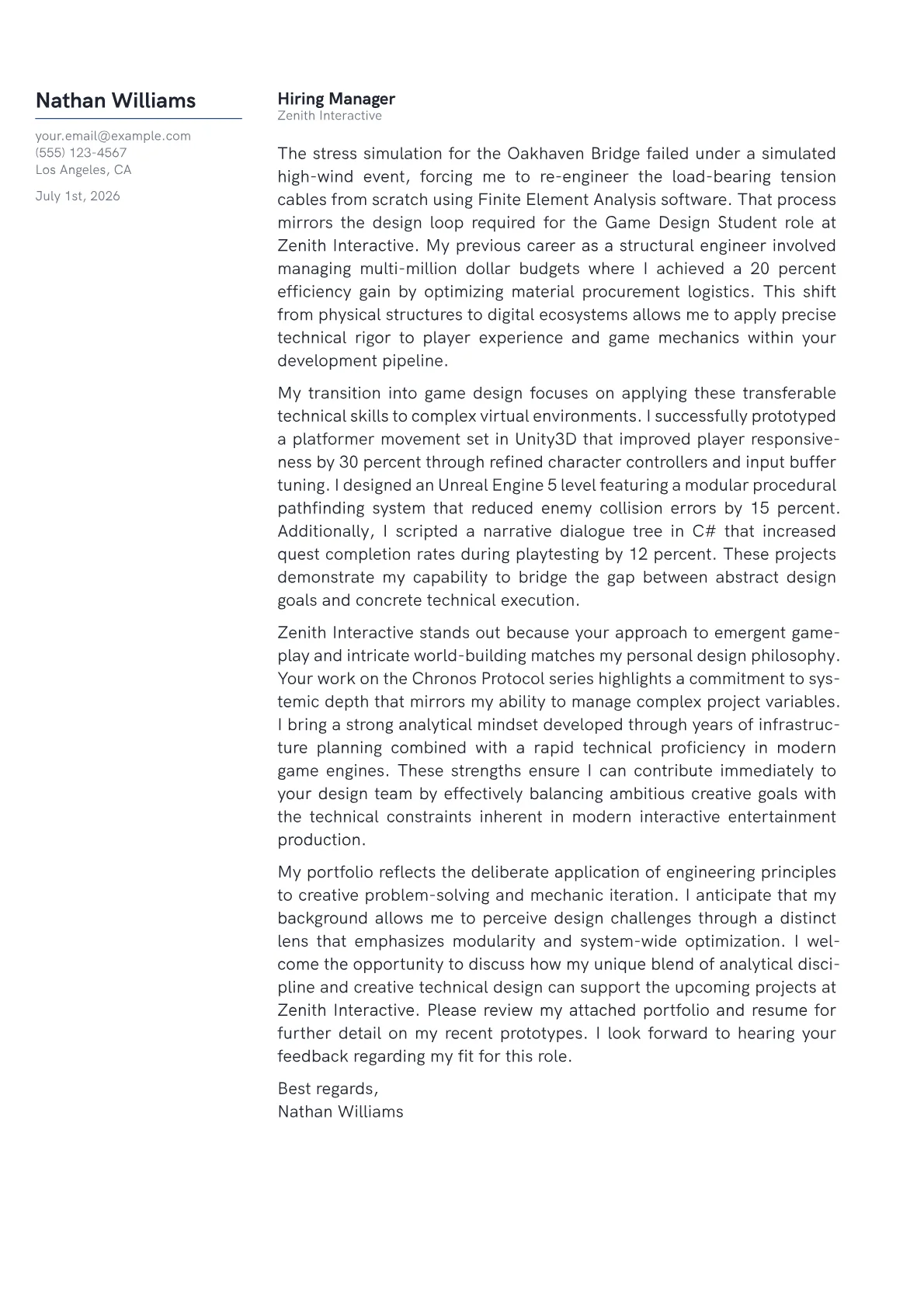 Game Design Student cover letter in the Margin design