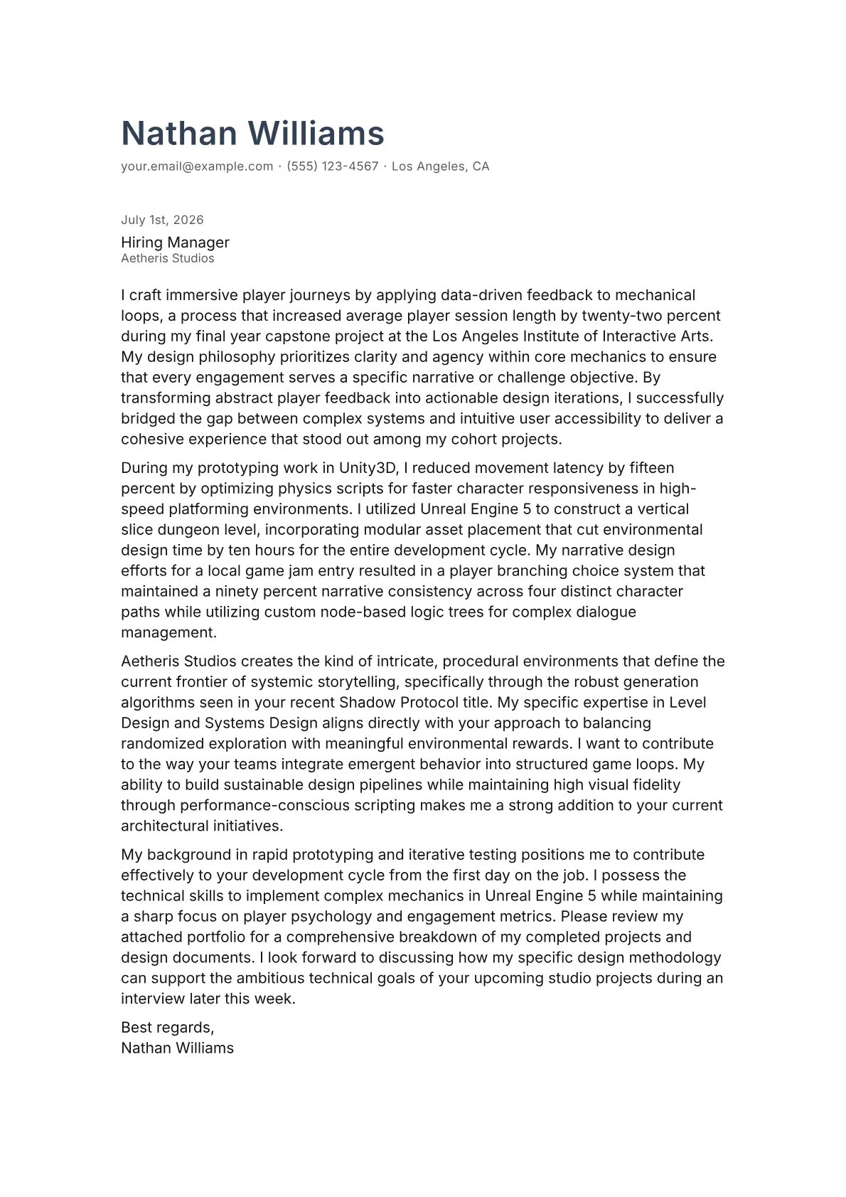 Game Design Student cover letter in the Minimal design